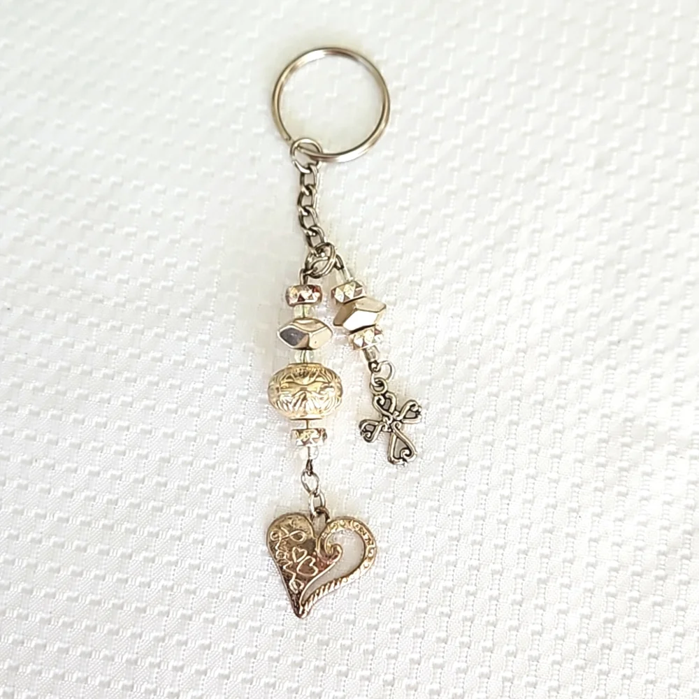 Faith And Love Silver Toned Cross And Heart Keychain Keyring Handmade